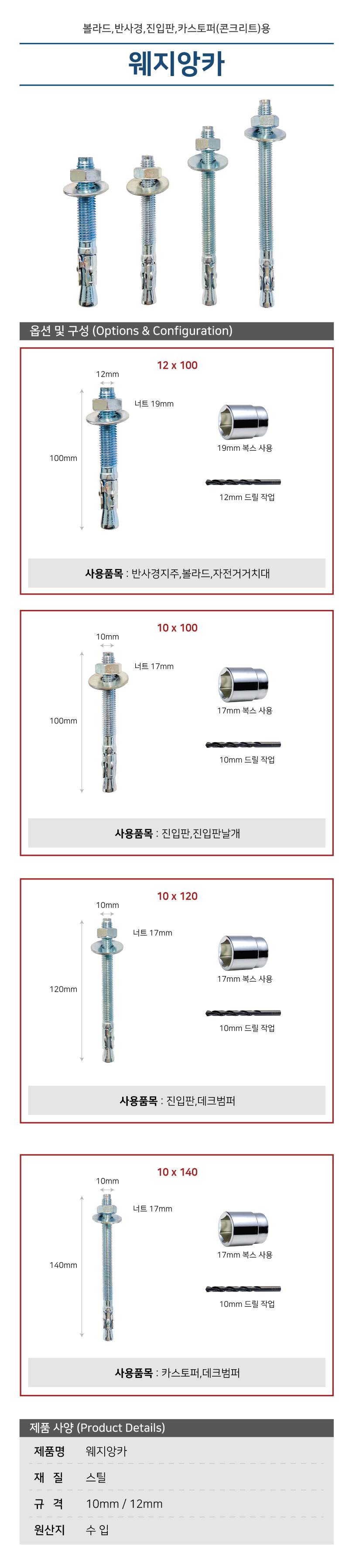 웨지앙카 10mm X 140mm 카스토퍼(콘크리트)