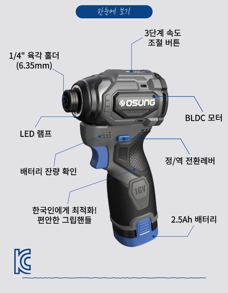 오성 16V 건타입 임팩드라이버 OGW-1656HL 25 [2 BAT] + OMC-1615G + PLASTIC BOX