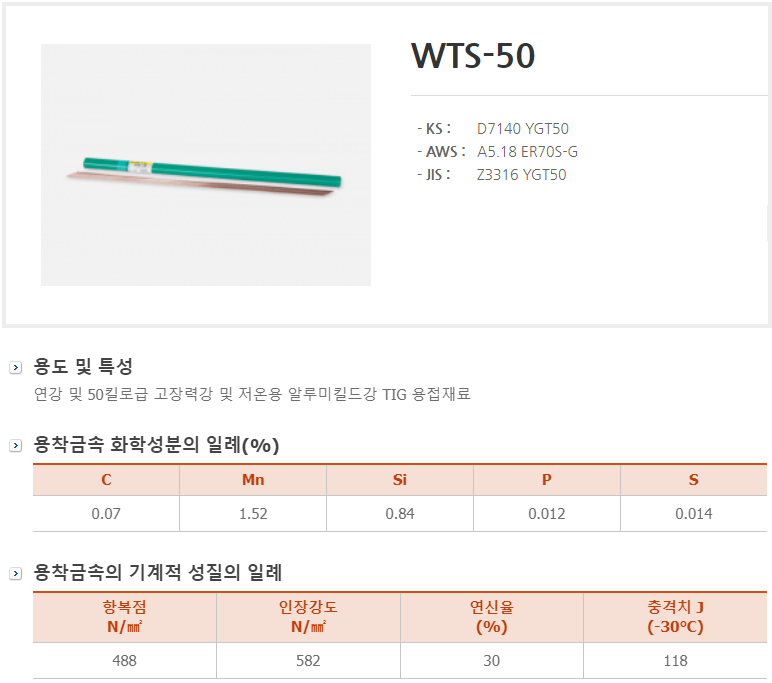 티그용접봉 / WTS-50 (5kg) 2.0mm
