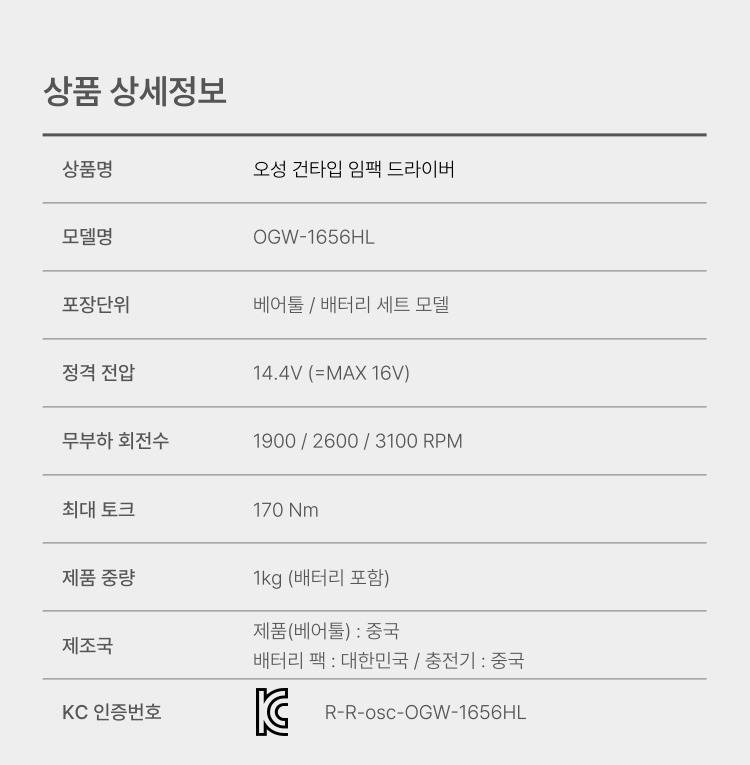 오성 16V 건타입 임팩드라이버 OGW-1656HL 25 [2 BAT] + OMC-1615G + PLASTIC BOX