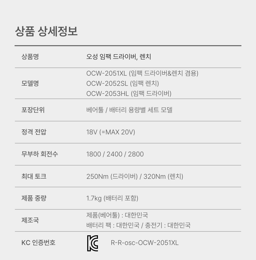 오성 MAX 20V 임팩 렌치 OCW-2052SL 50S [1 BAT] + OMC-2030D + PLASTIC BOX